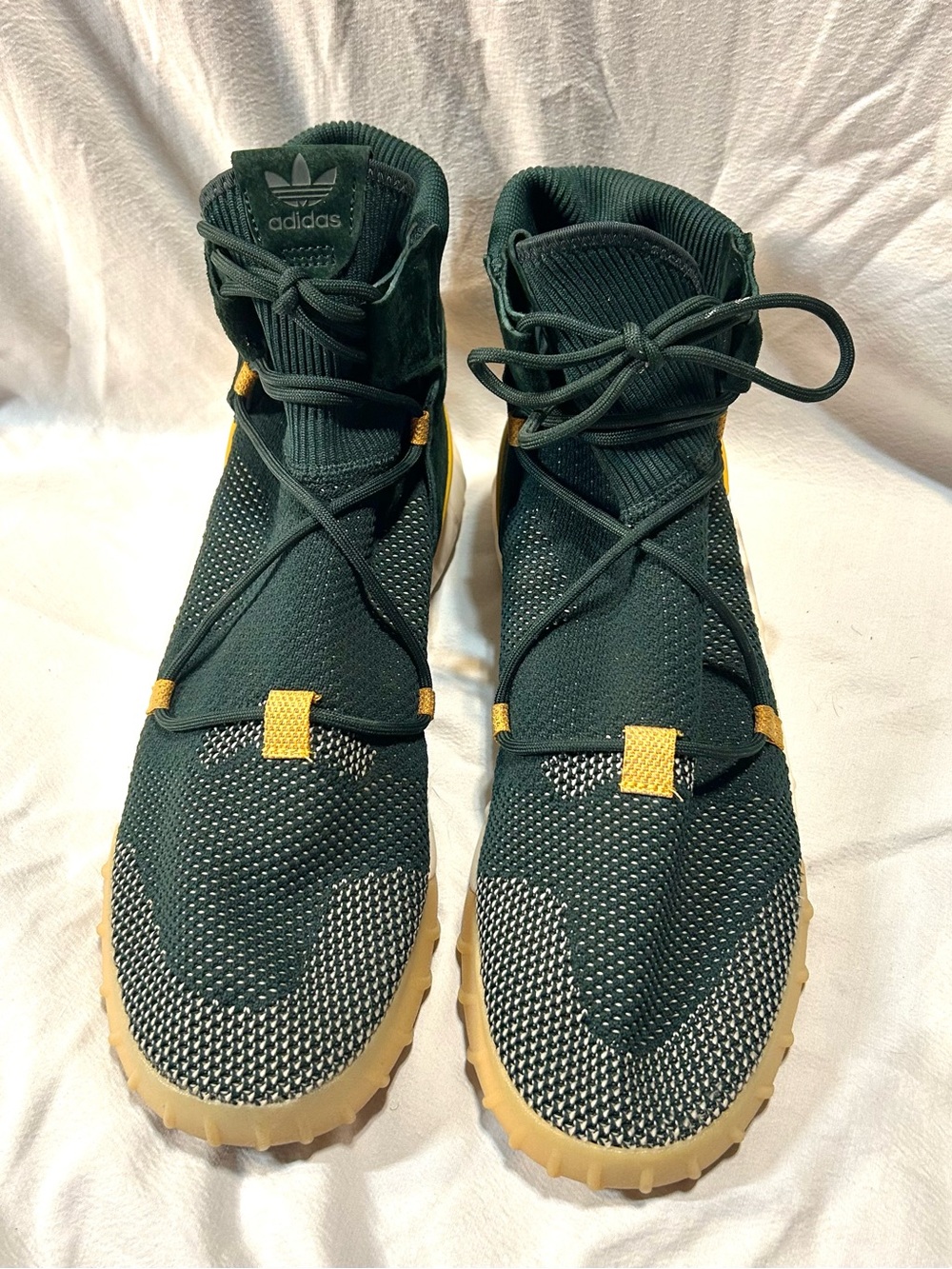 adidas Men's Dark Green Knit High-Top Sneakers with Tan Accents